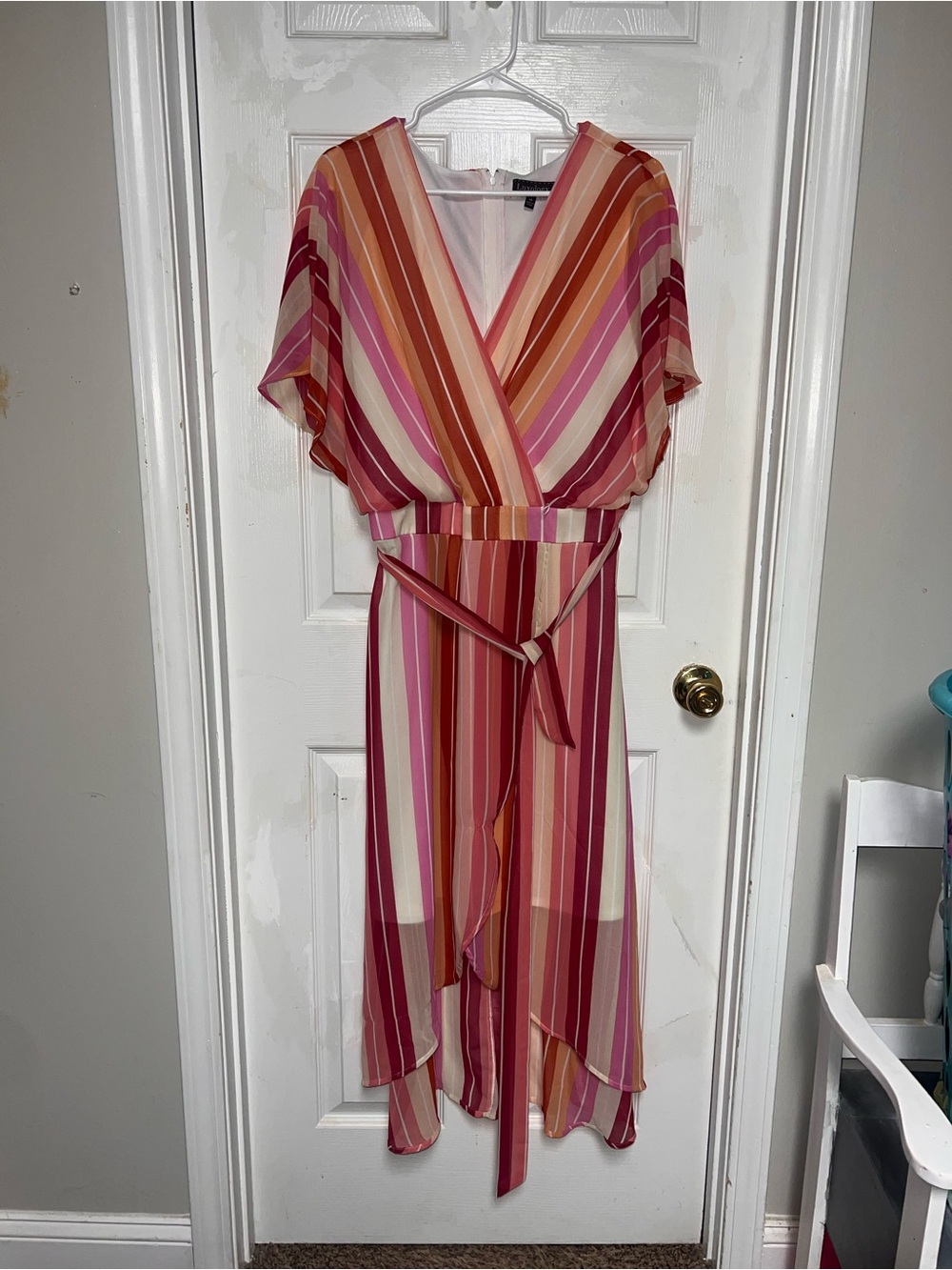 Luxology Pink Multi Striped High-Low Wrap Dress